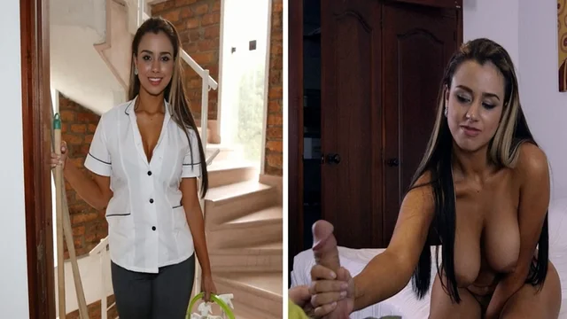 Мужик мощно отодрал пышногрудую домработницу на кровати